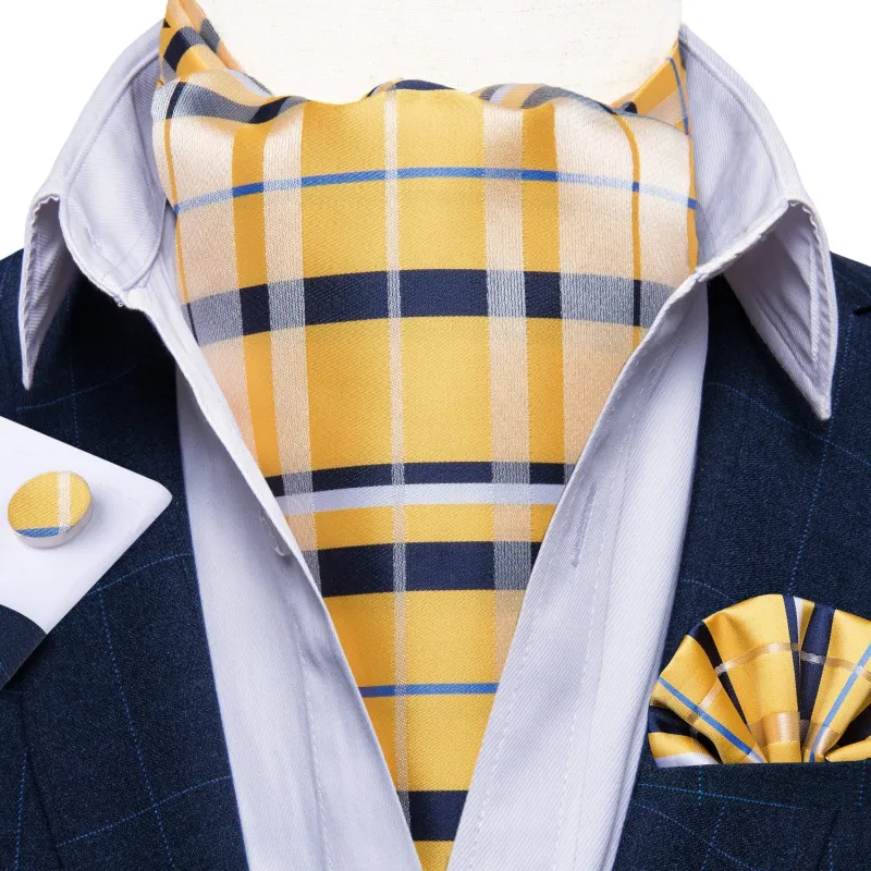 Yellow Blue Striped Silk Cravat Woven Ascot Tie Pocket Square Handkerchief Set sold by Ties2You