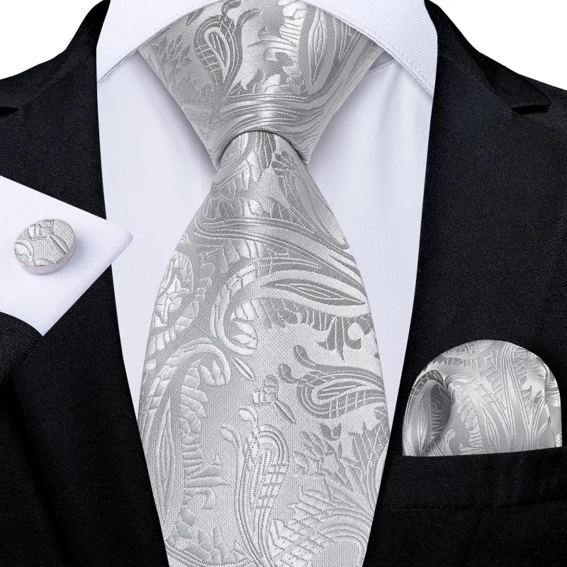 Silver Grey Paisley Tie Pocket Square Cufflinks Set sold by Ties2You