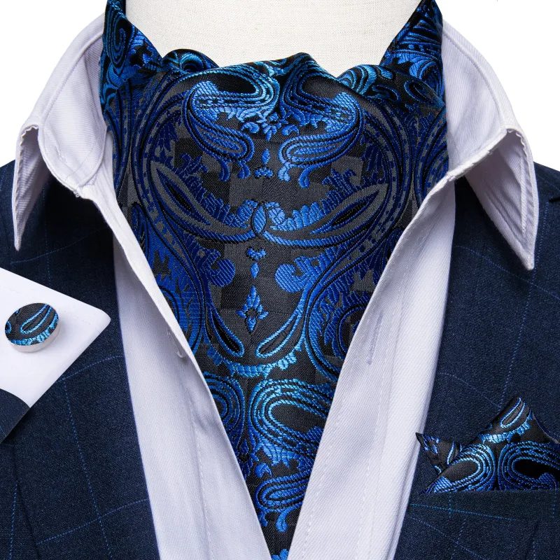 Black Blue Paisley Silk Ascot Cravat Tie Pocket Square Cufflinks Set made by Ties2You