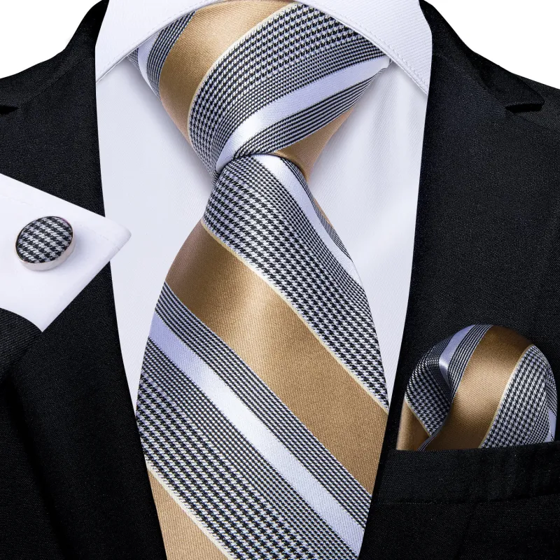 Ties2you Silk Black Necktie Champagne Striped Business Tie Pocket Square Cufflinks Set sold by Ties2You