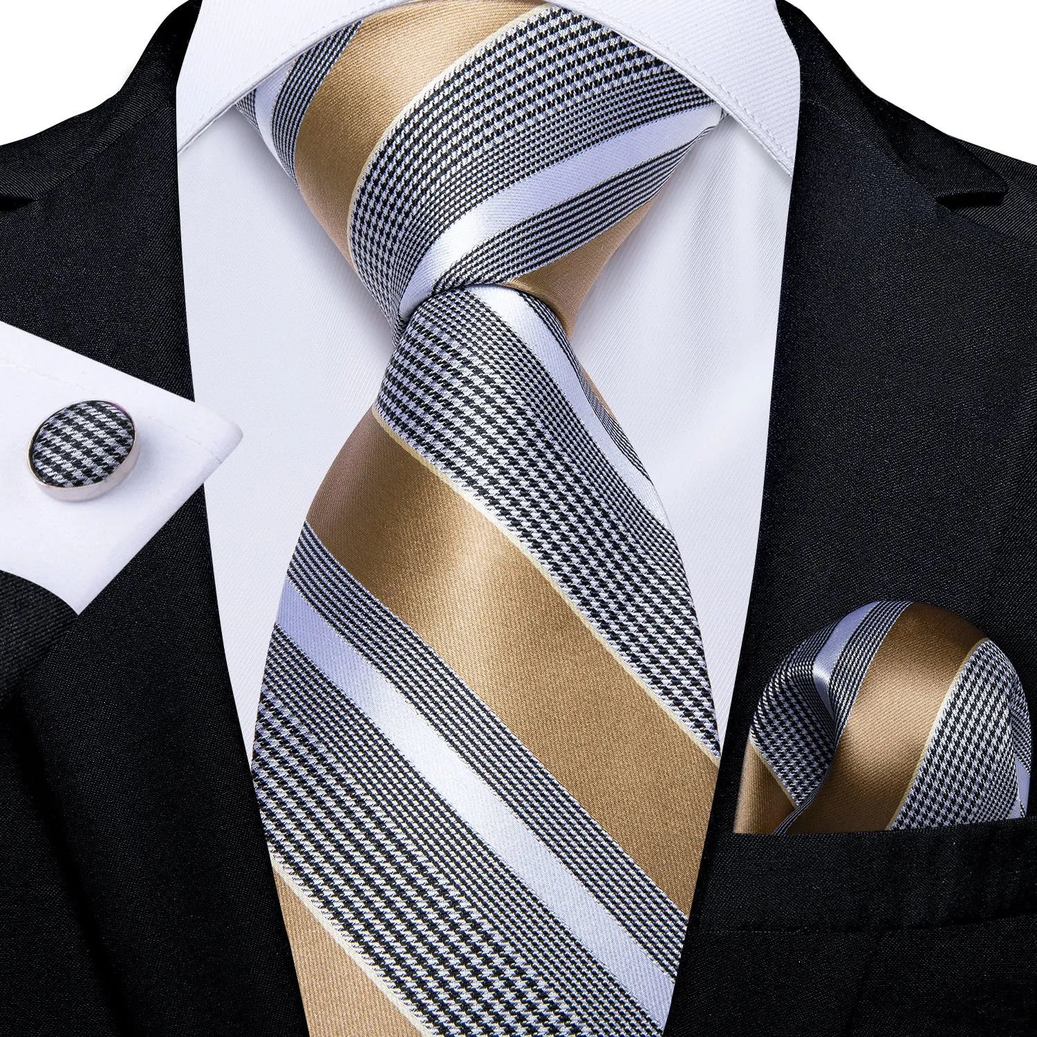 Ties2you Silk Black Necktie Champagne Striped Business Tie Pocket Square Cufflinks Set sold by Ties2You