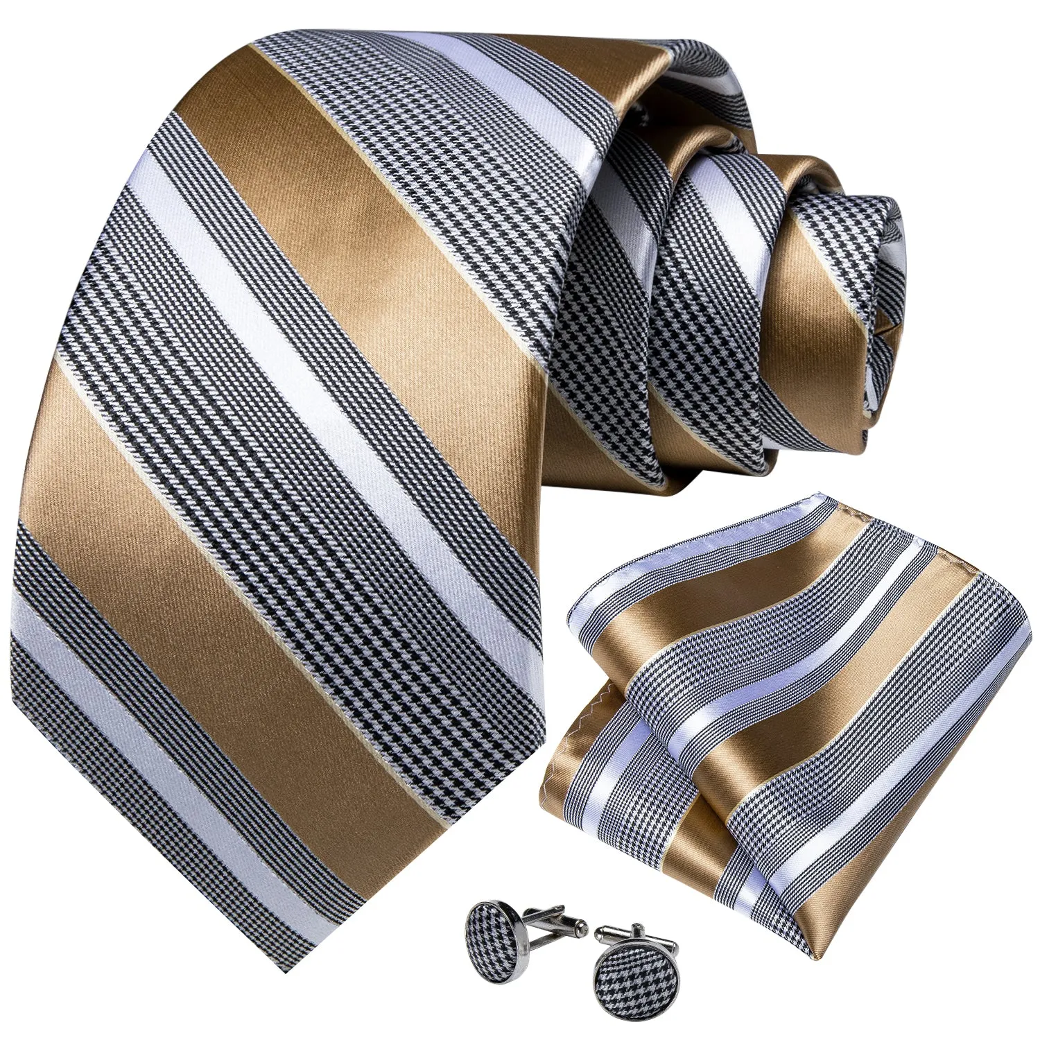Ties2you Silk Black Necktie Champagne Striped Business Tie Pocket Square Cufflinks Set sold by Ties2You product image thumbnail 2