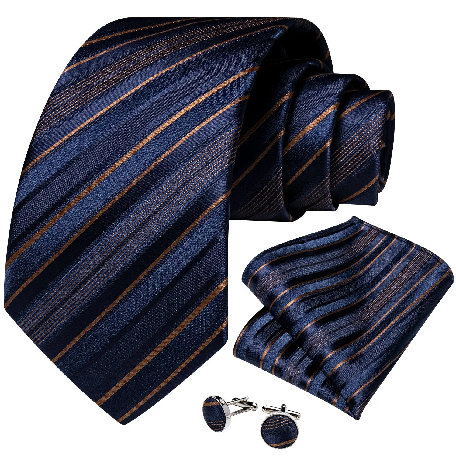 Blue Golden Striped Necktie Pocket Square Cufflinks Set sold by Ties2You product image thumbnail 2