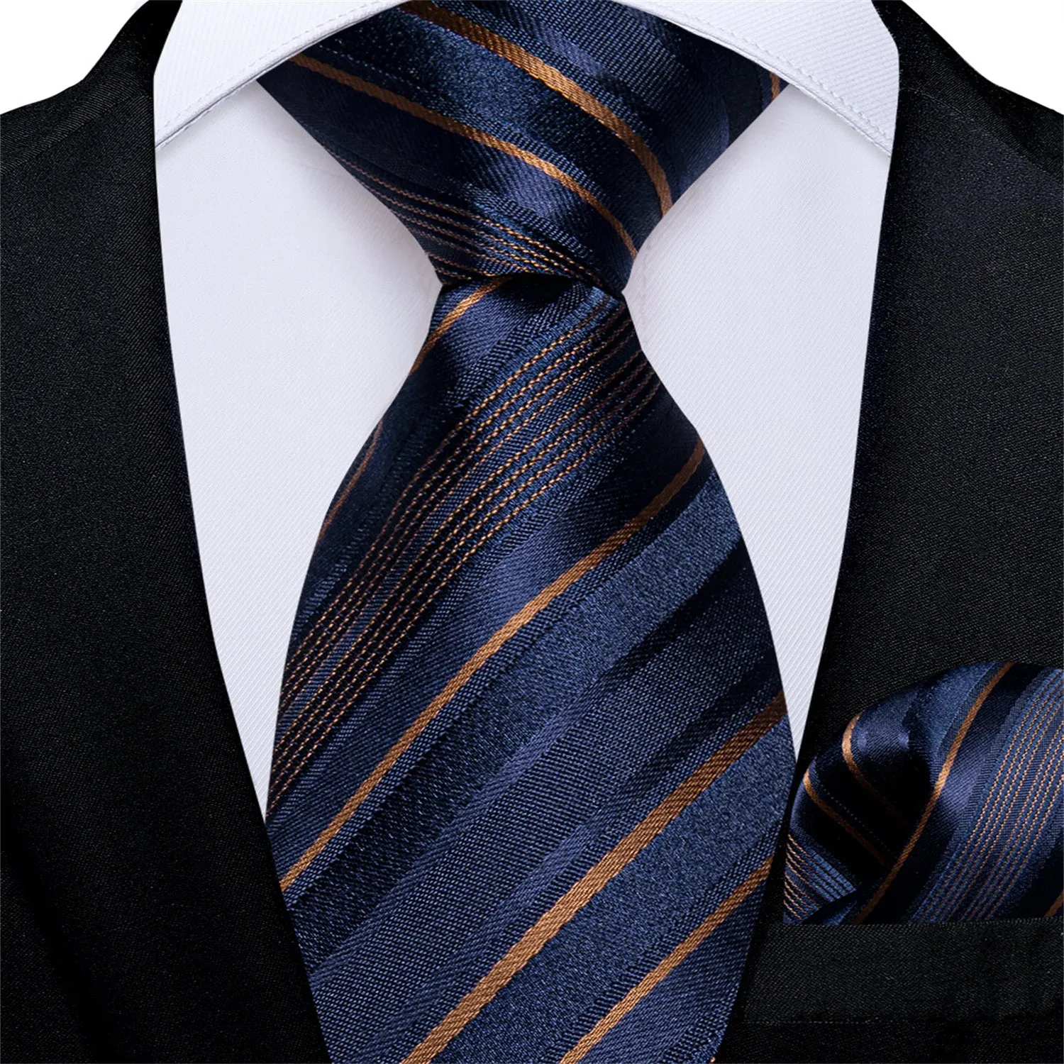 Blue Golden Striped Necktie Pocket Square Cufflinks Set sold by Ties2You product image thumbnail 3
