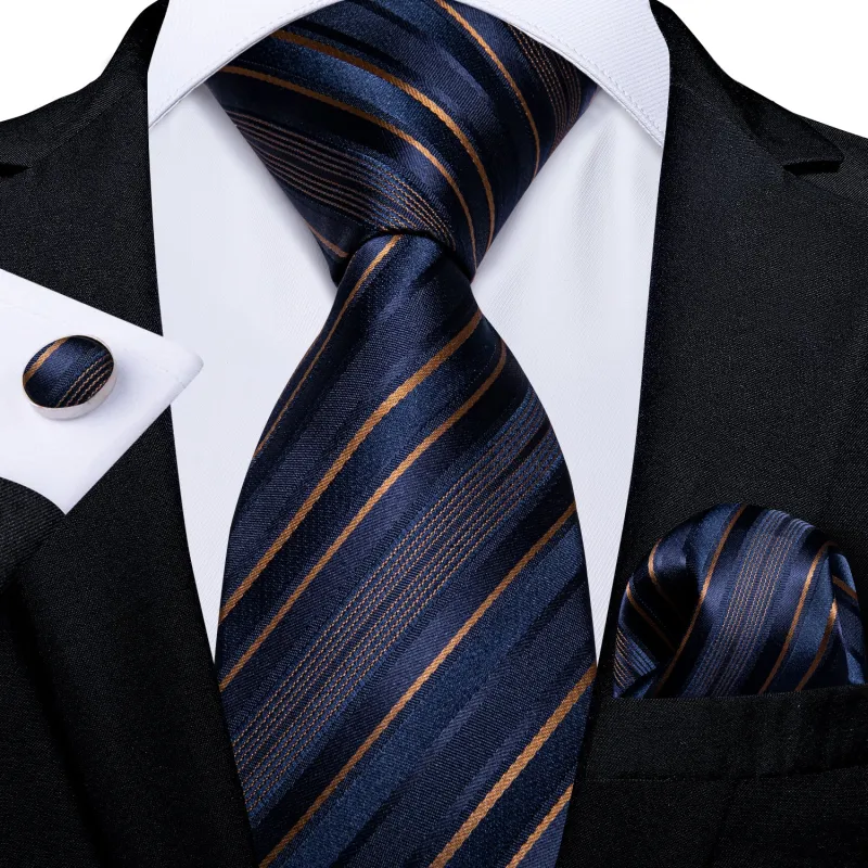 Blue Golden Striped Necktie Pocket Square Cufflinks Set made by Ties2You