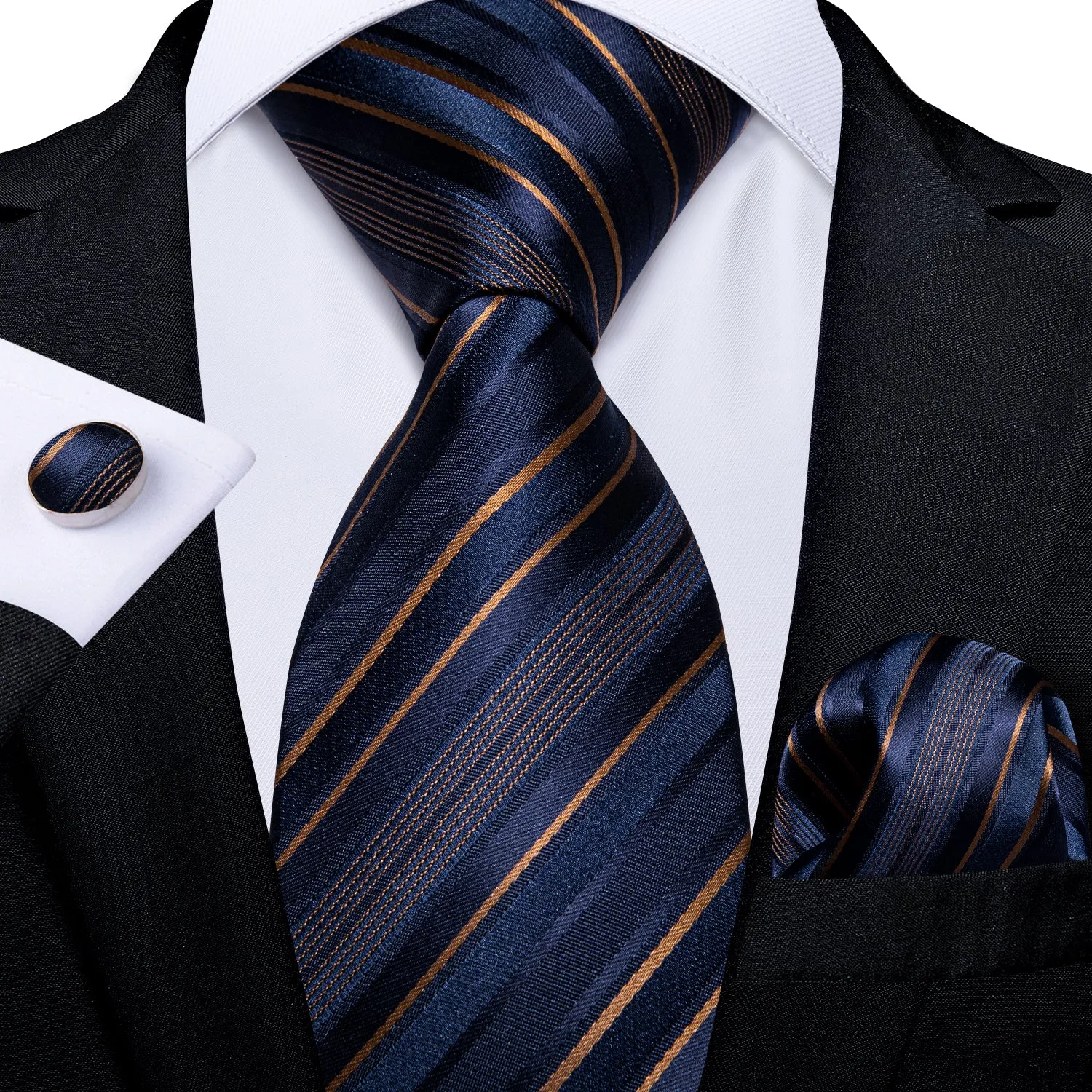 Blue Golden Striped Necktie Pocket Square Cufflinks Set sold by Ties2You
