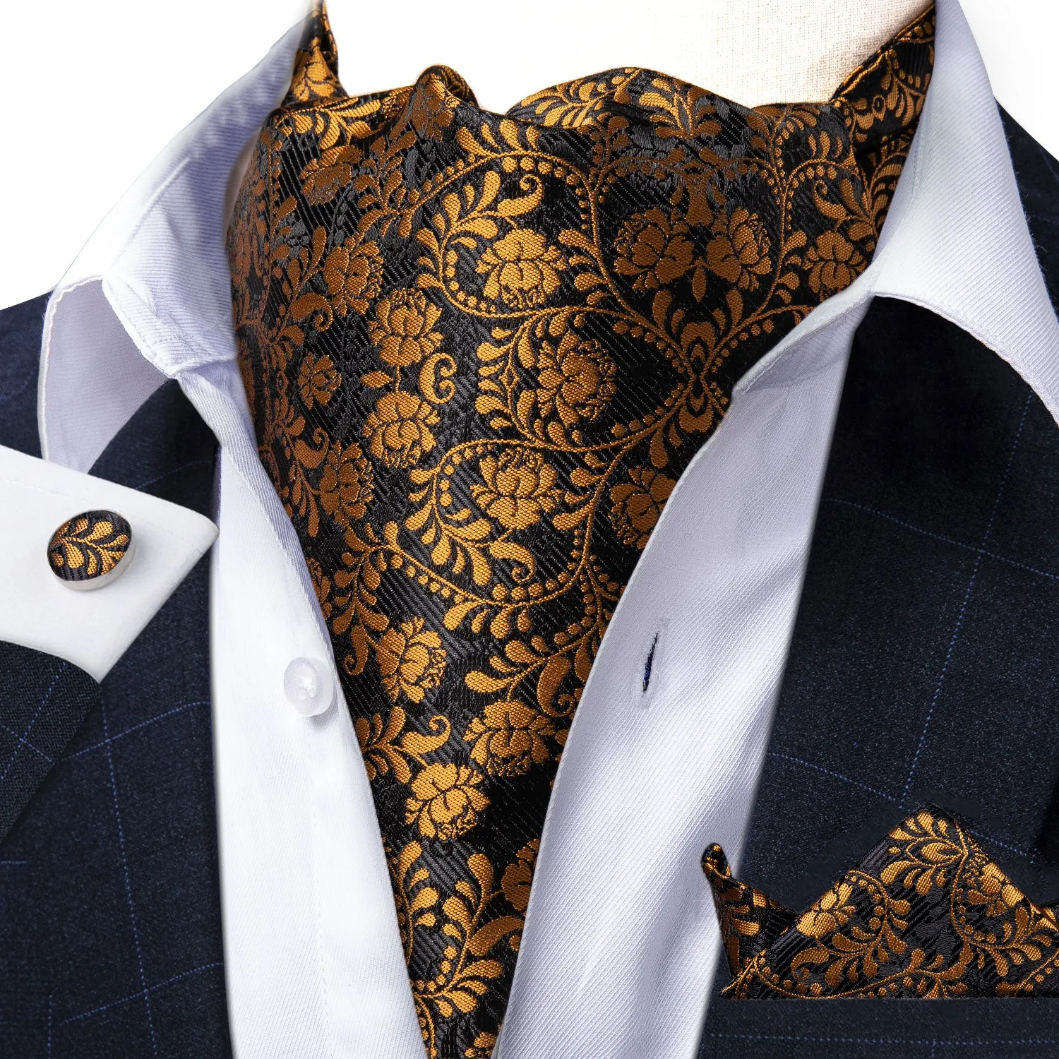Black Golden Floral Silk Ascot Cravat Pocket Square Cufflinks Set sold by Ties2You