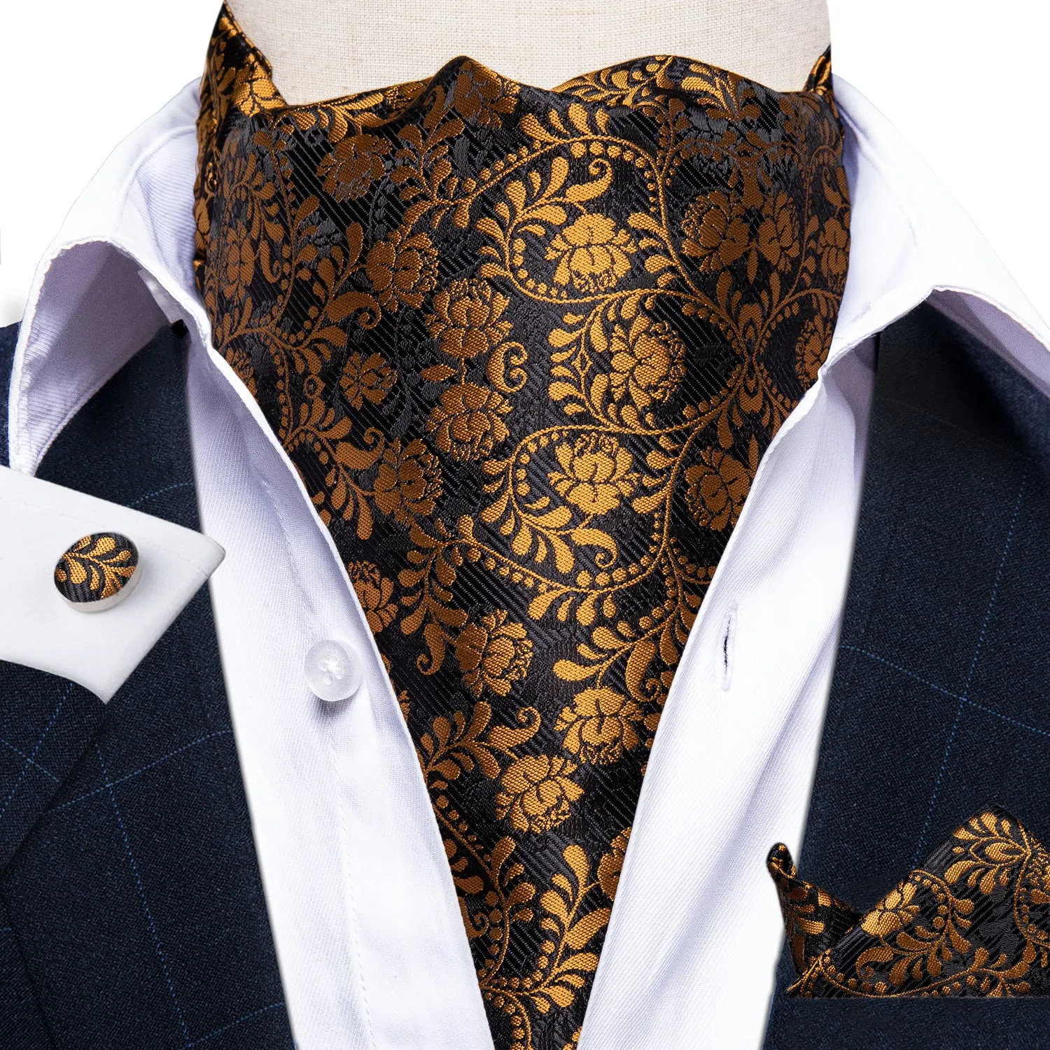 Black Golden Floral Silk Ascot Cravat Pocket Square Cufflinks Set sold by Ties2You product image thumbnail 2