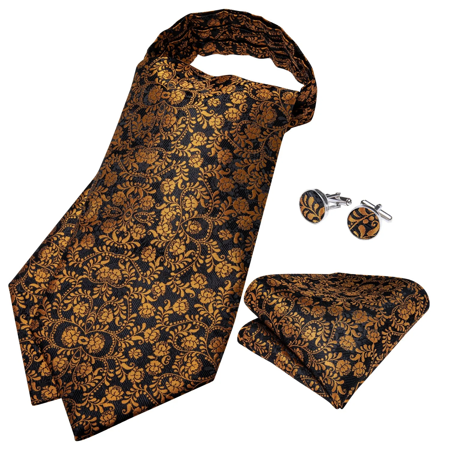Black Golden Floral Silk Ascot Cravat Pocket Square Cufflinks Set sold by Ties2You product image thumbnail 3