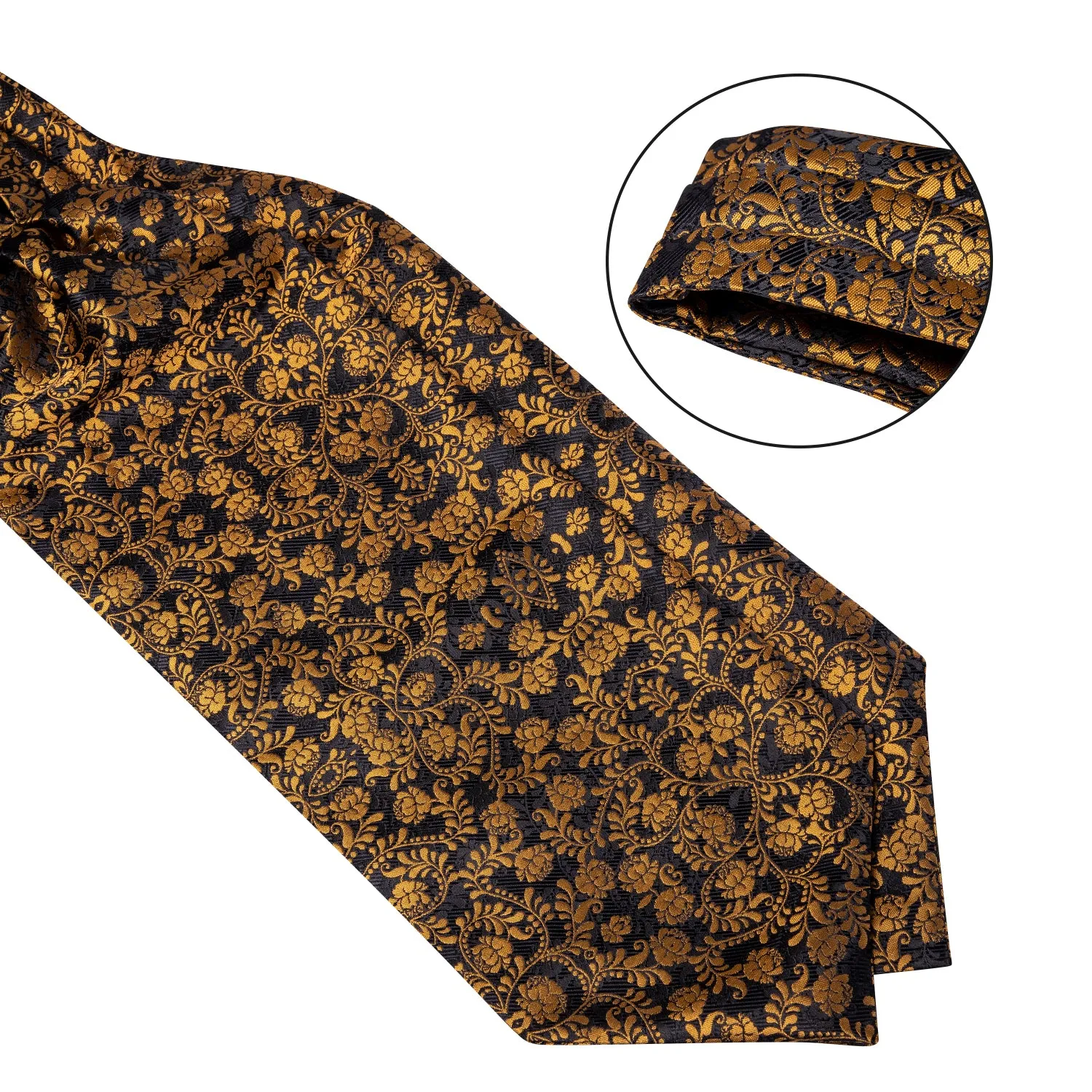 Black Golden Floral Silk Ascot Cravat Pocket Square Cufflinks Set sold by Ties2You product image thumbnail 4