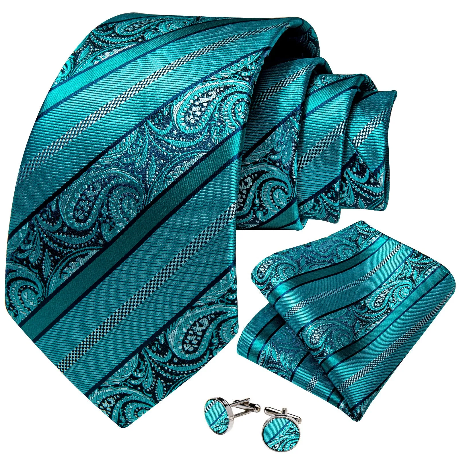 Cyan Paisley Silk Men's Tie Pocket Square Cufflinks Set sold by Ties2You product image thumbnail 2