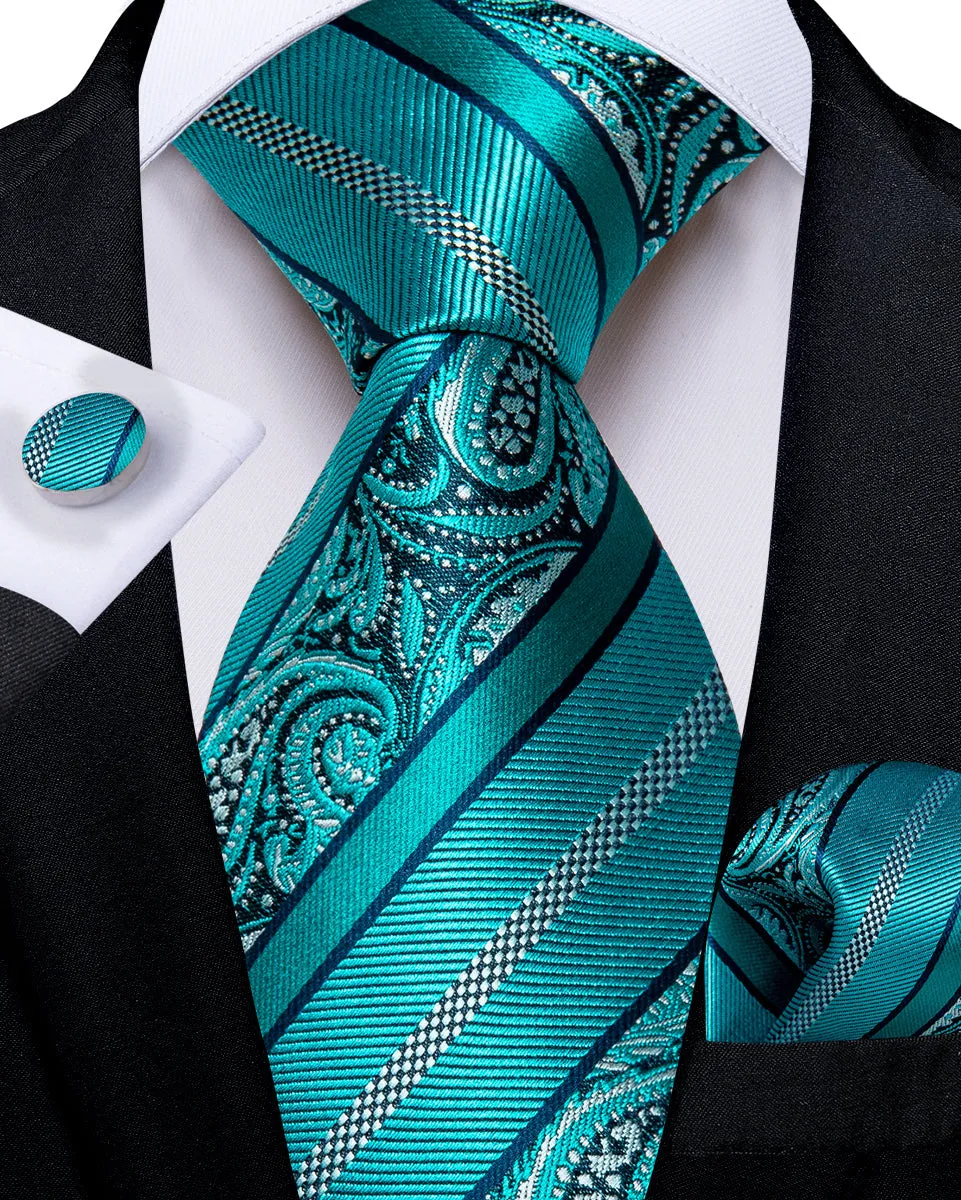 Cyan Paisley Silk Men's Tie Pocket Square Cufflinks Set sold by Ties2You product image thumbnail 3