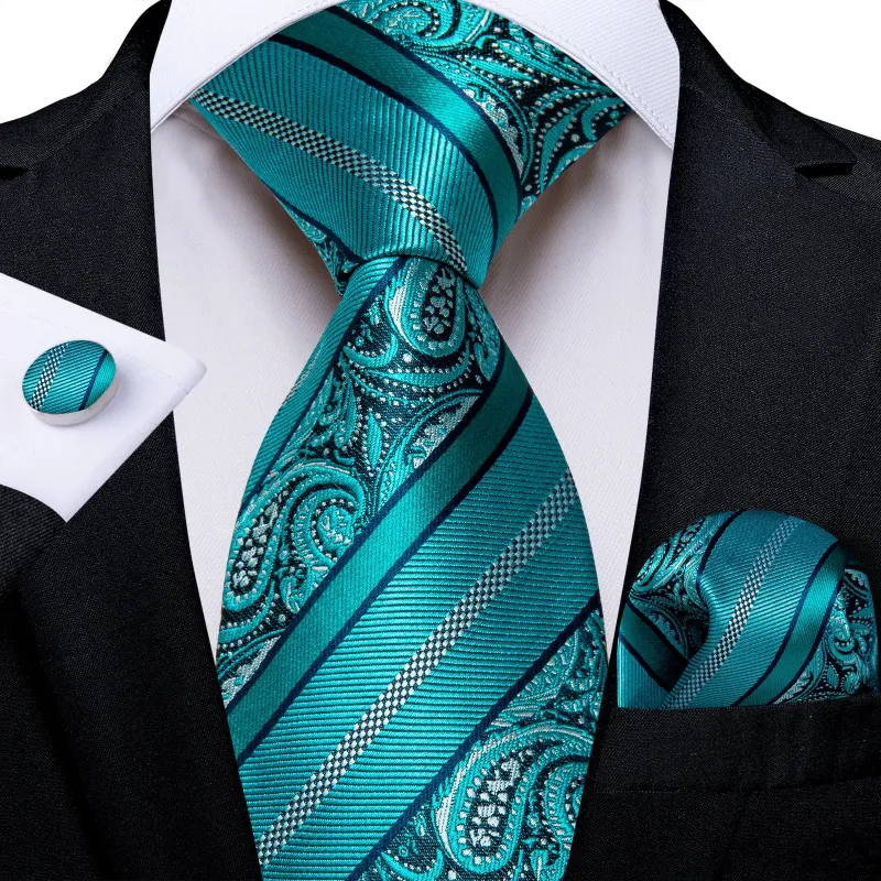 Cyan Paisley Silk Men's Tie Pocket Square Cufflinks Set sold by Ties2You