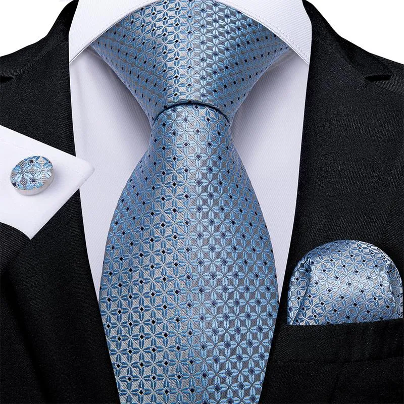 Sky Blue Floral Silk Fabric Tie Hanky Cufflinks Set 8cm sold by Ties2You