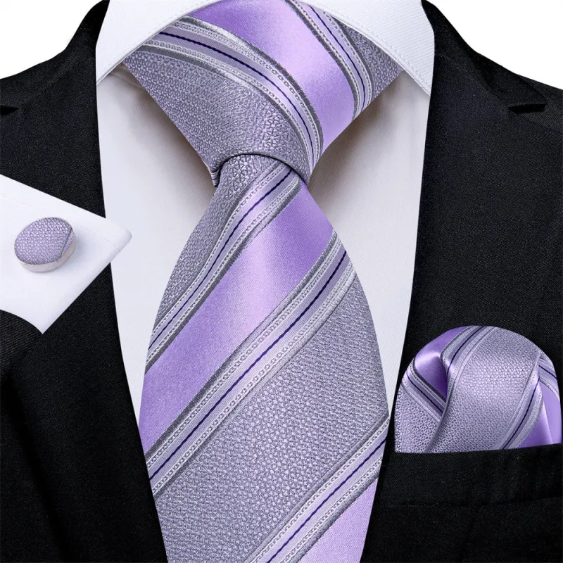 Ties2you Purple Grey Striped Men's Tie Hanky Cufflinks Set sold by Ties2You
