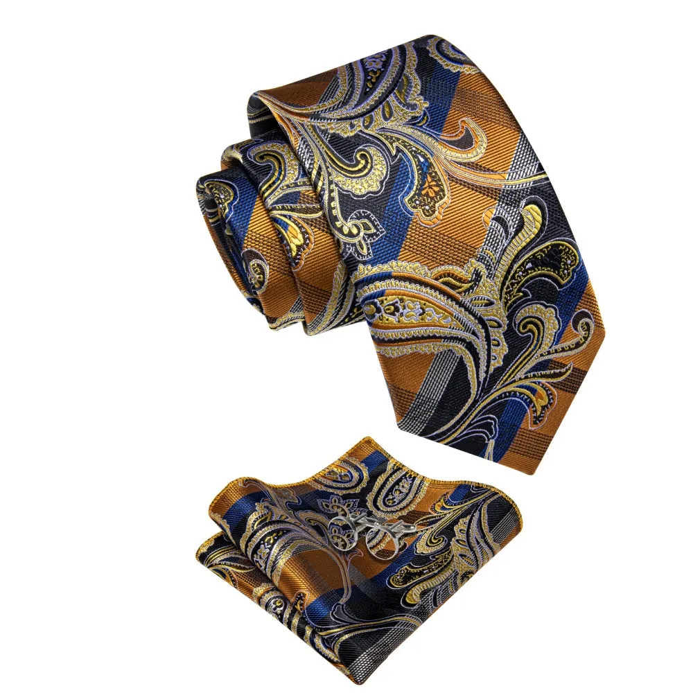 Ties2you Black Blue Gold NecktIe Men's Paisley Tie Hanky Cufflinks Set sold by Ties2You product image thumbnail 3