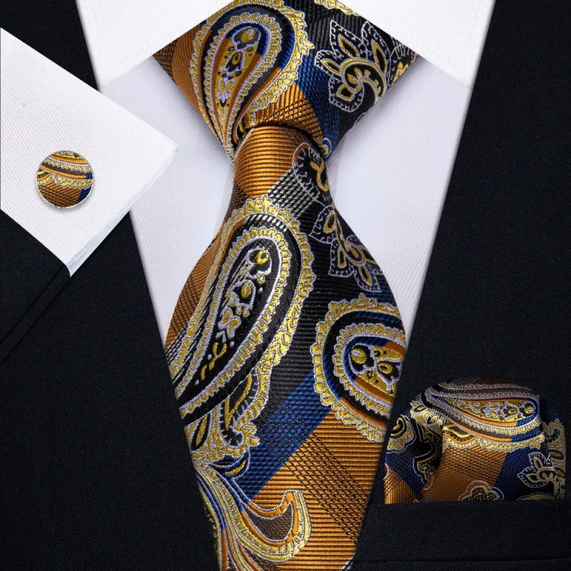 Ties2you Black Blue Gold NecktIe Men's Paisley Tie Hanky Cufflinks Set sold by Ties2You