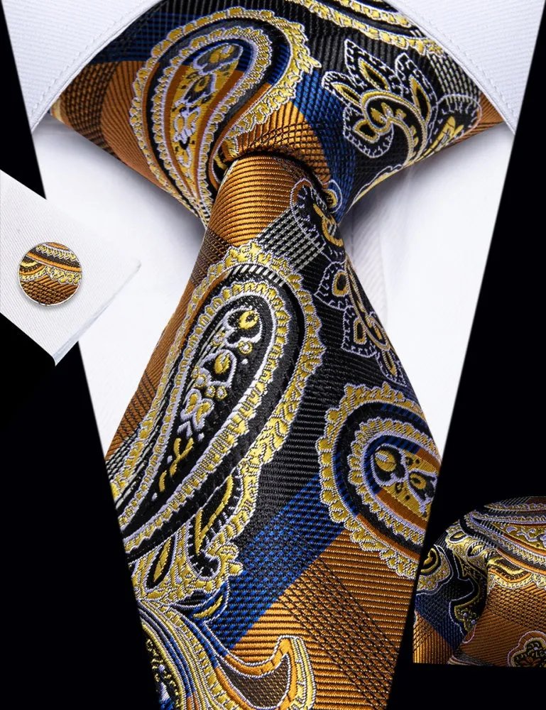 Ties2you Black Blue Gold NecktIe Men's Paisley Tie Hanky Cufflinks Set sold by Ties2You product image thumbnail 2