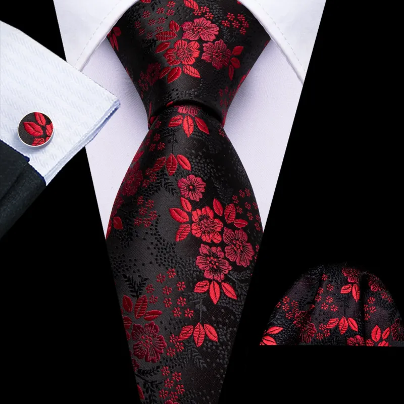 Ties2you Wedding Ties Black Red Floral Silk Men's Dress Tie Handkerchief Cufflinks Set sold by Ties2You