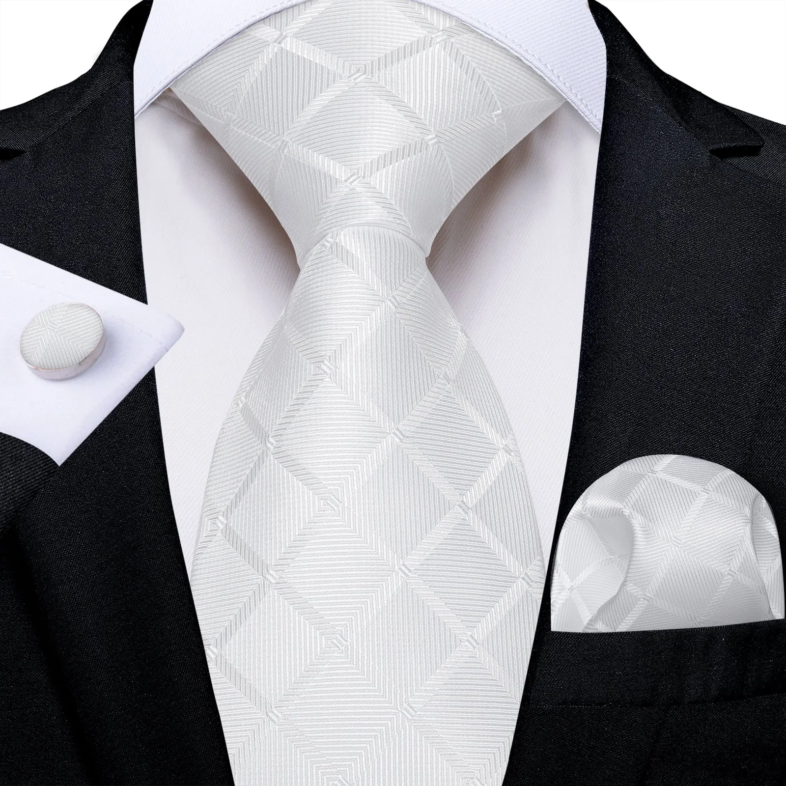 White Plaid Men's Necktie Pocket Square Cufflinks Set sold by Ties2You
