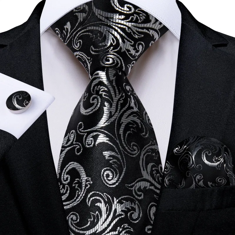 Black Sliver Floral Men's Necktie Pocket Square Cufflinks Set sold by Ties2You