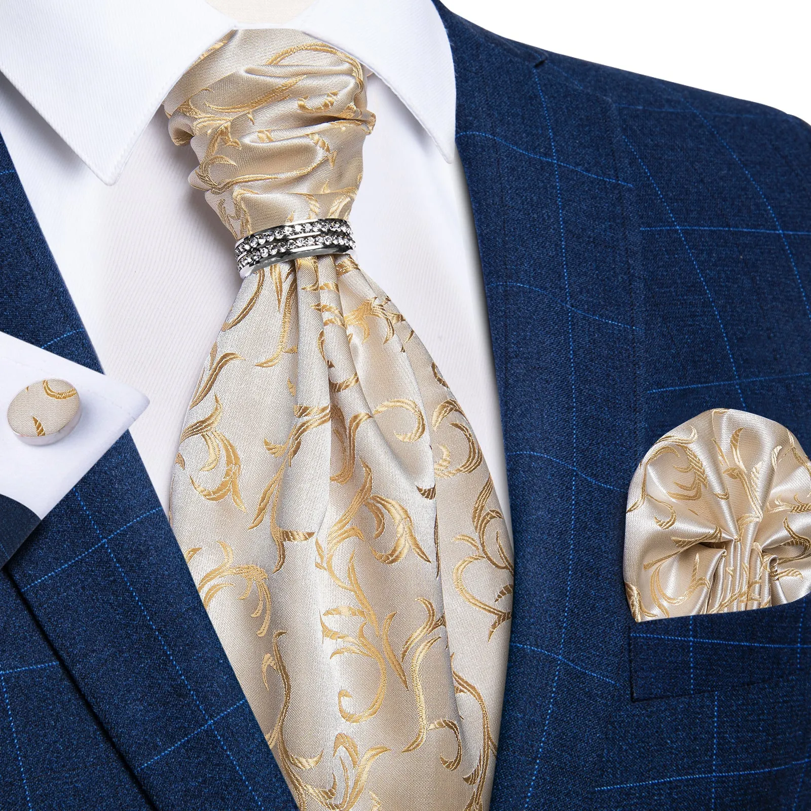 Ties2you Men's Tie Ivory Floral Leaf Ascot Hanky Cufflinks Set With Ring sold by Ties2You product image thumbnail 5