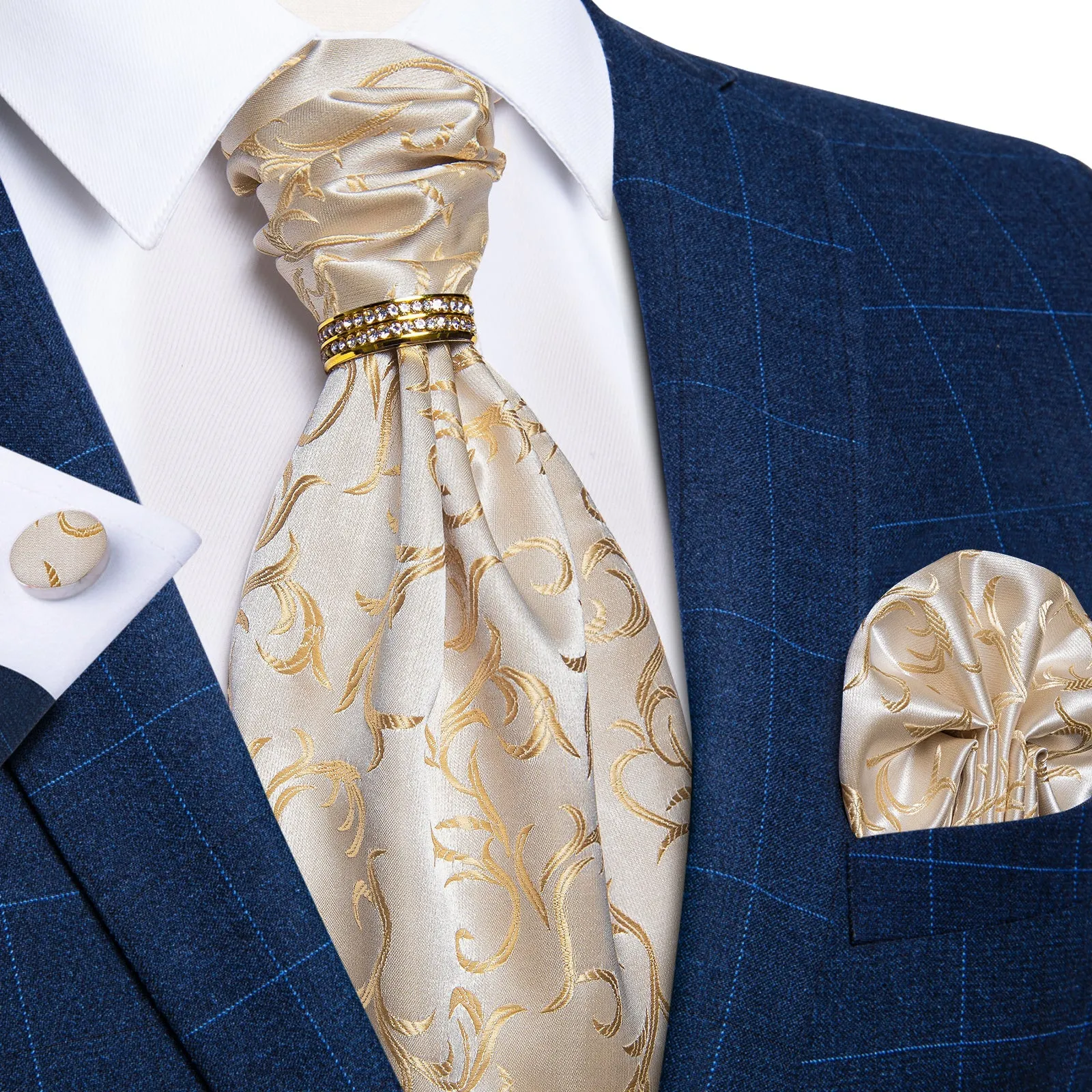 Ties2you Men's Tie Ivory Floral Leaf Ascot Hanky Cufflinks Set With Ring sold by Ties2You product image thumbnail 3