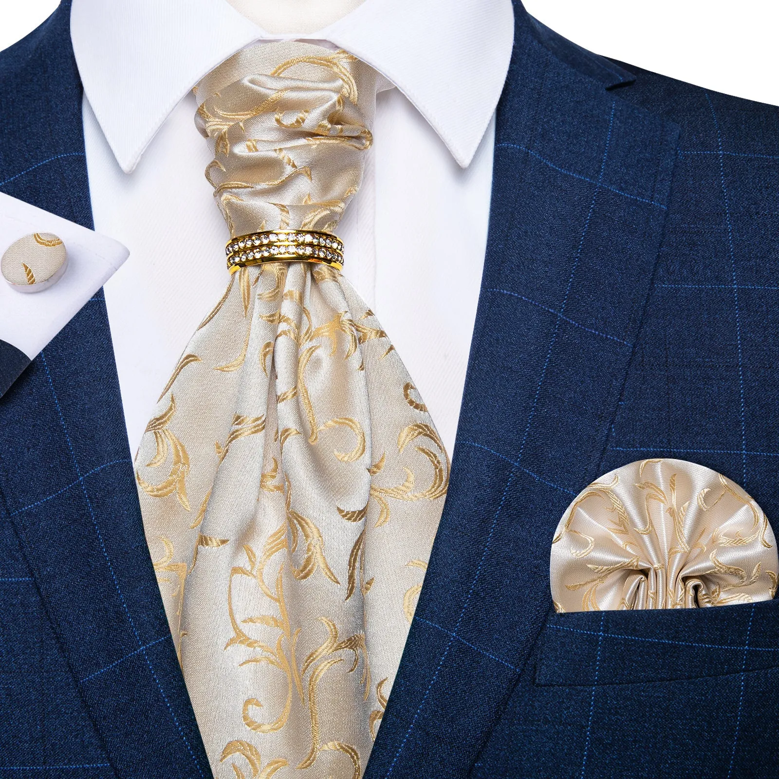 Ties2you Men's Tie Ivory Floral Leaf Ascot Hanky Cufflinks Set With Ring sold by Ties2You product image thumbnail 4