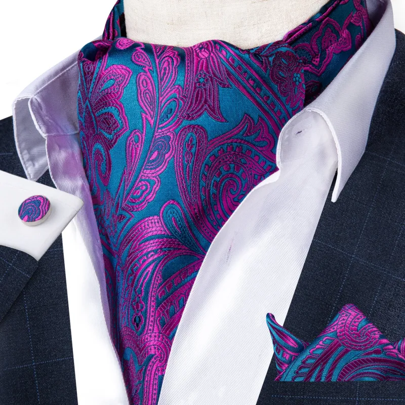 Shinning Purple Blue Paisley Silk Ascot Cravat Pocket Square Cufflinks Set sold by Ties2You
