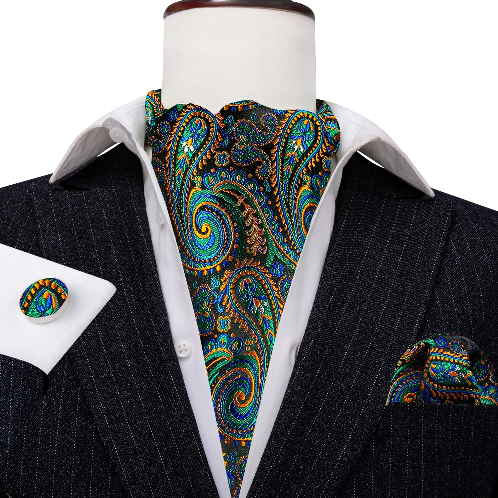 Green Orange Paisley Silk Cravat Woven Ascot Tie Pocket Square Cufflinks Set sold by Ties2You product image thumbnail 5