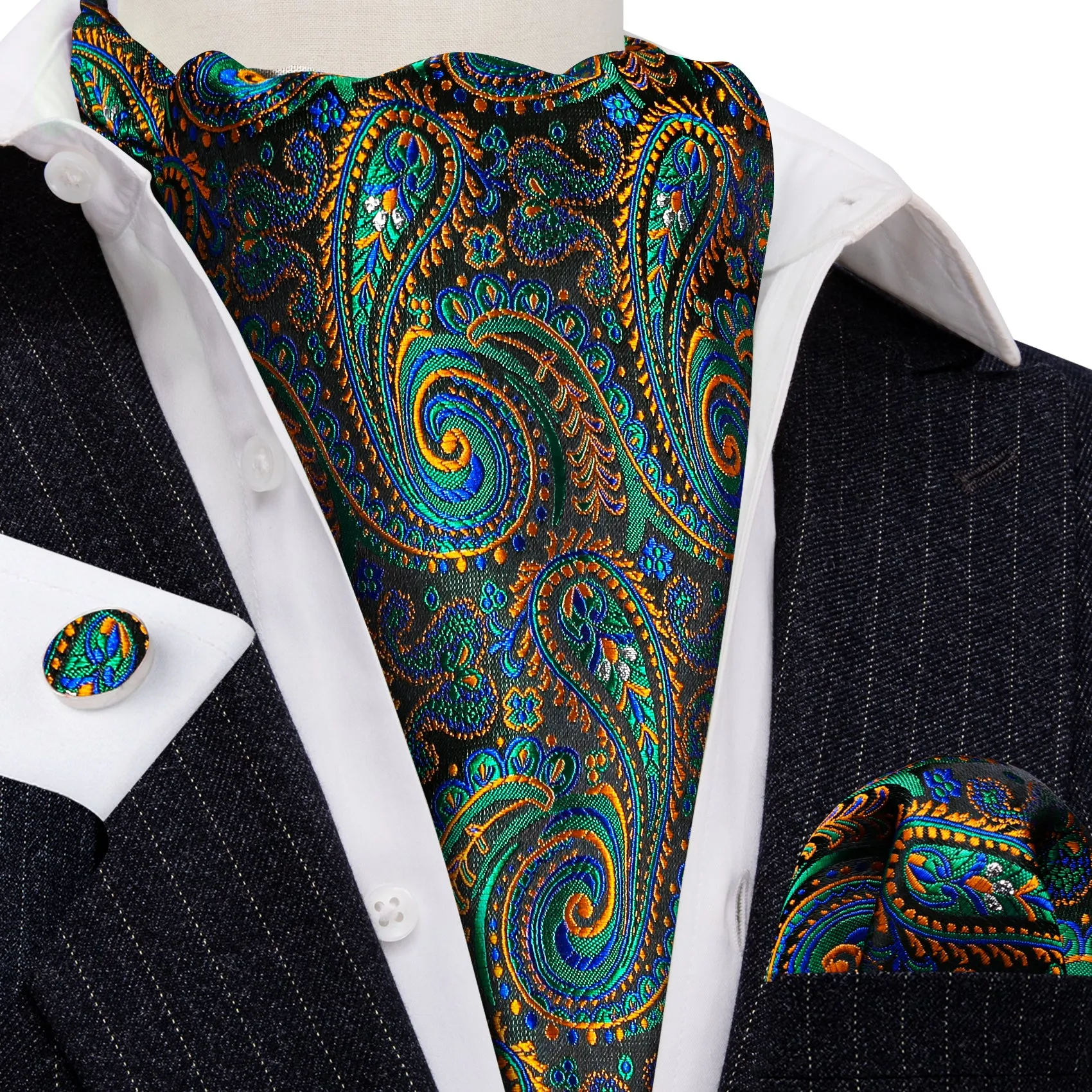 Green Orange Paisley Silk Cravat Woven Ascot Tie Pocket Square Cufflinks Set sold by Ties2You product image thumbnail 2