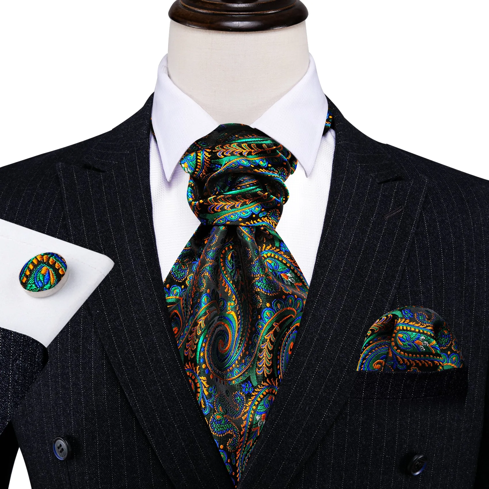 Green Orange Paisley Silk Cravat Woven Ascot Tie Pocket Square Cufflinks Set sold by Ties2You product image thumbnail 3