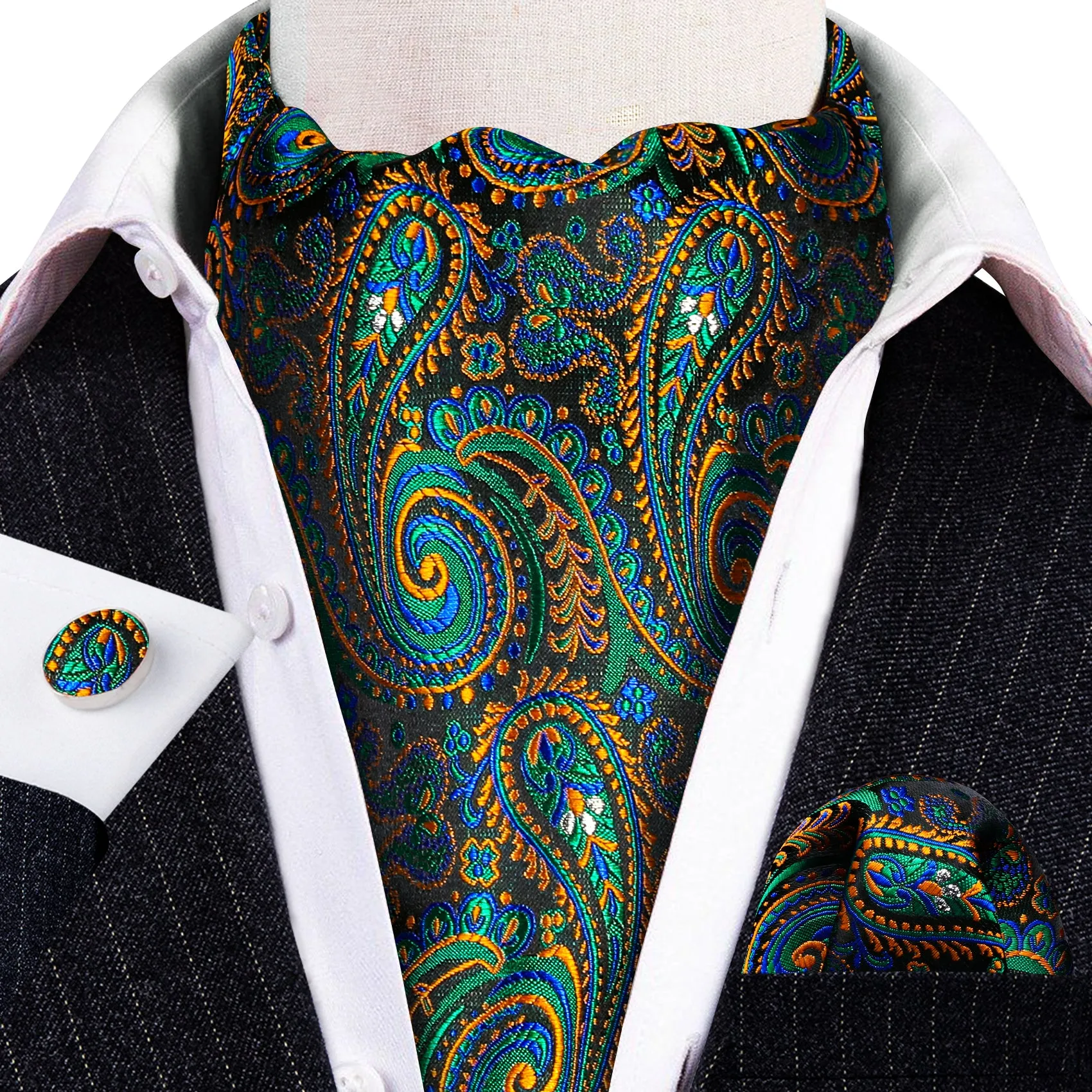 Green Orange Paisley Silk Cravat Woven Ascot Tie Pocket Square Cufflinks Set sold by Ties2You product image thumbnail 4