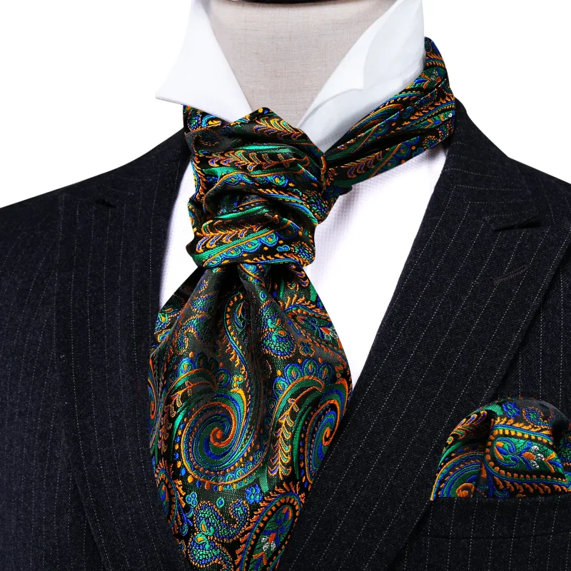 Green Orange Paisley Silk Cravat Woven Ascot Tie Pocket Square Cufflinks Set sold by Ties2You