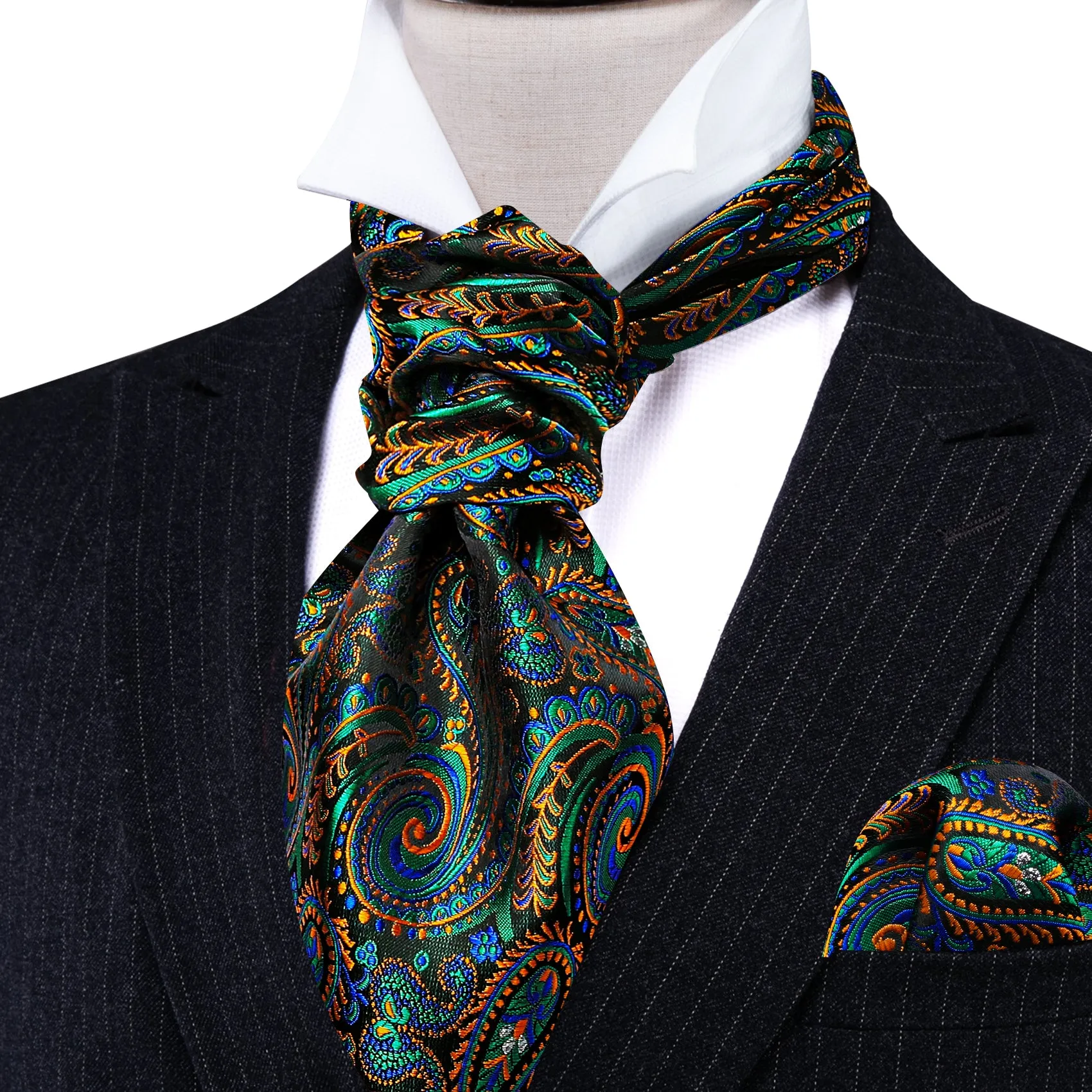 Green Orange Paisley Silk Cravat Woven Ascot Tie Pocket Square Cufflinks Set sold by Ties2You