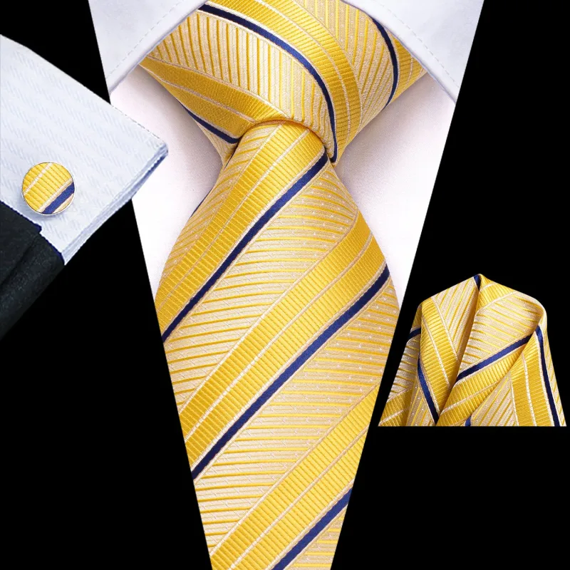 Yellow Blue Striped Men's Tie Handkerchief Cufflinks Set sold by Ties2You