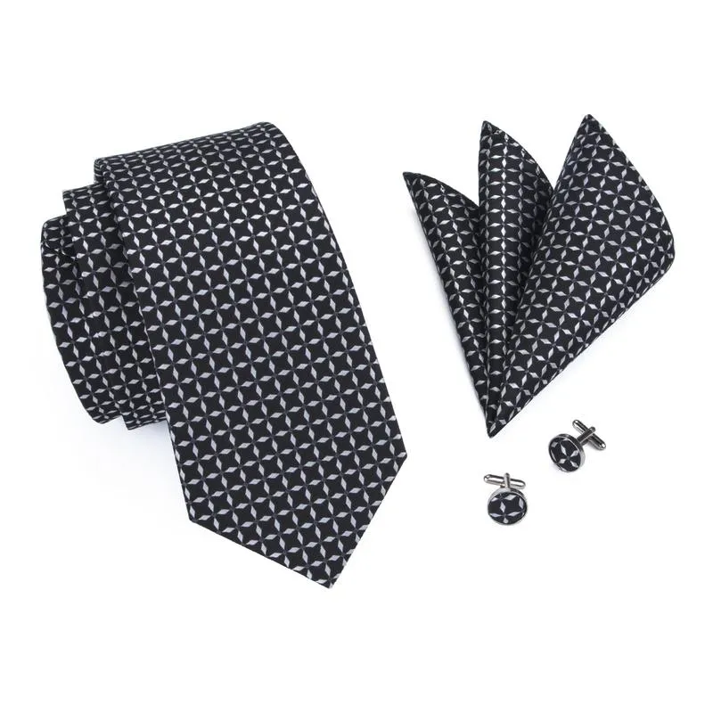 Black White Plaid Silk Men's 63 Inches Extra Long Tie Pocket Square Cufflinks Set sold by Ties2You product image thumbnail 2