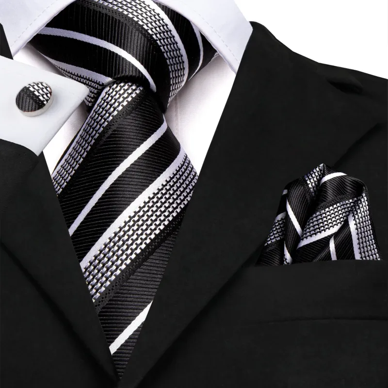 Black White Striped 63 Inches Extra Long Men's Necktie Pocket Square Cufflinks Set sold by Ties2You