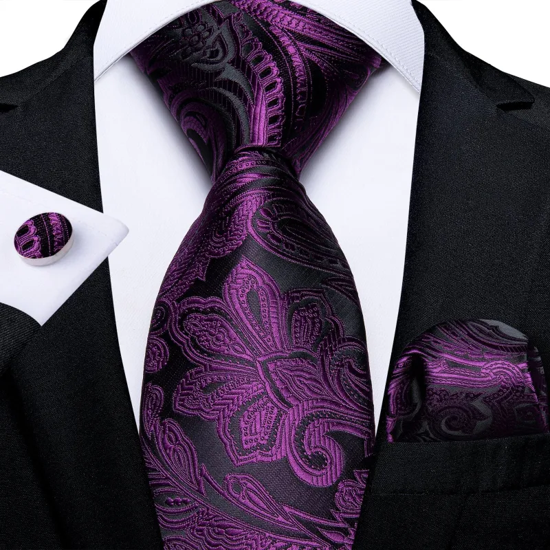 Purple Floral Silk Men's Tie Pocket Square Cufflinks Set sold by Ties2You