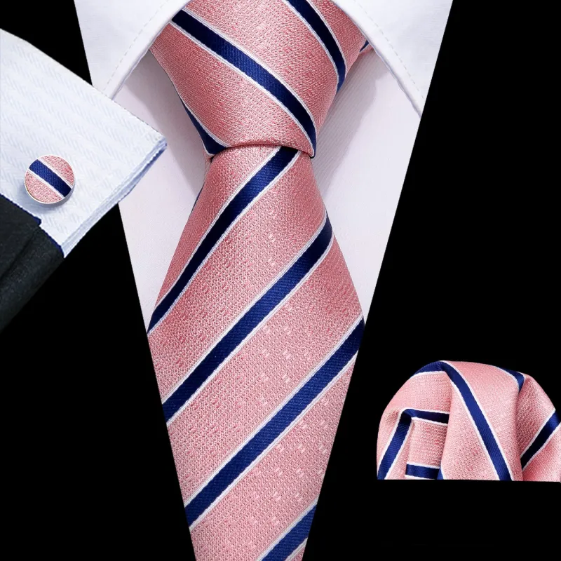 Pink Blue Striped Men's Tie Pocket Square Cufflinks Set sold by Ties2You