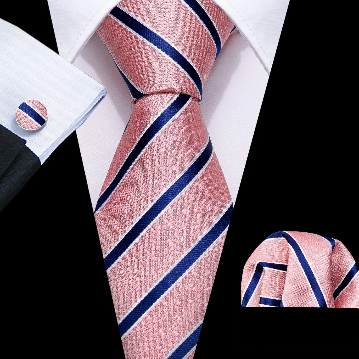 Pink Blue Striped Men's Tie Pocket Square Cufflinks Set sold by Ties2You