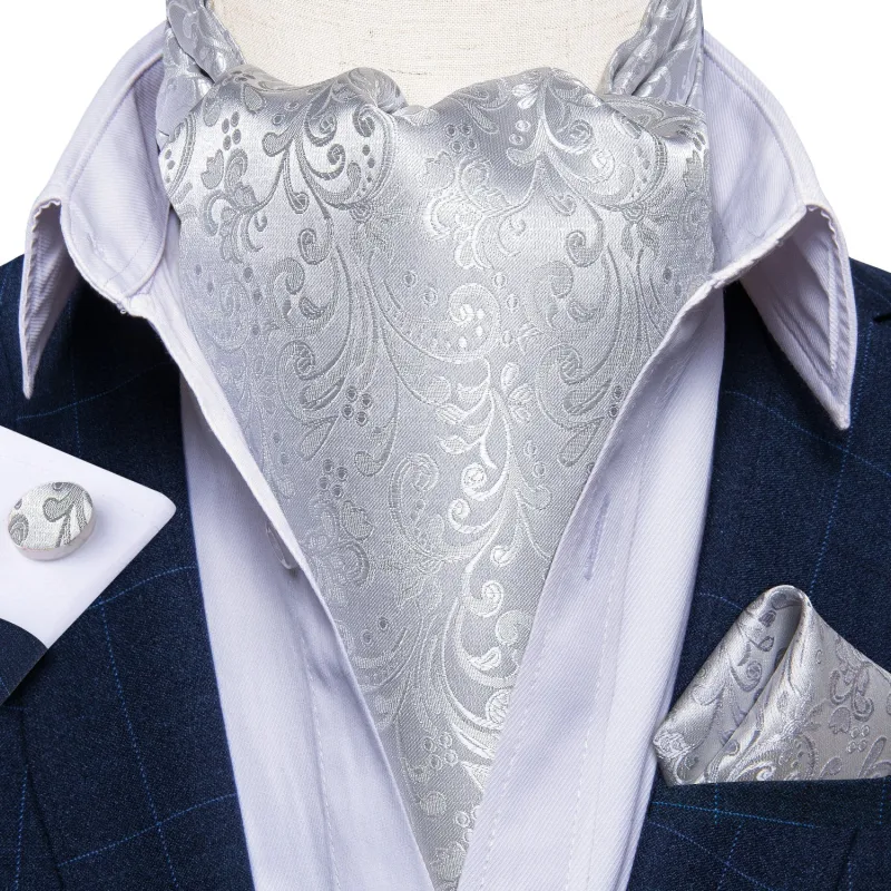 Silver Floral Silk Cravat Woven Ascot Tie Pocket Square Handkerchief Set sold by Ties2You