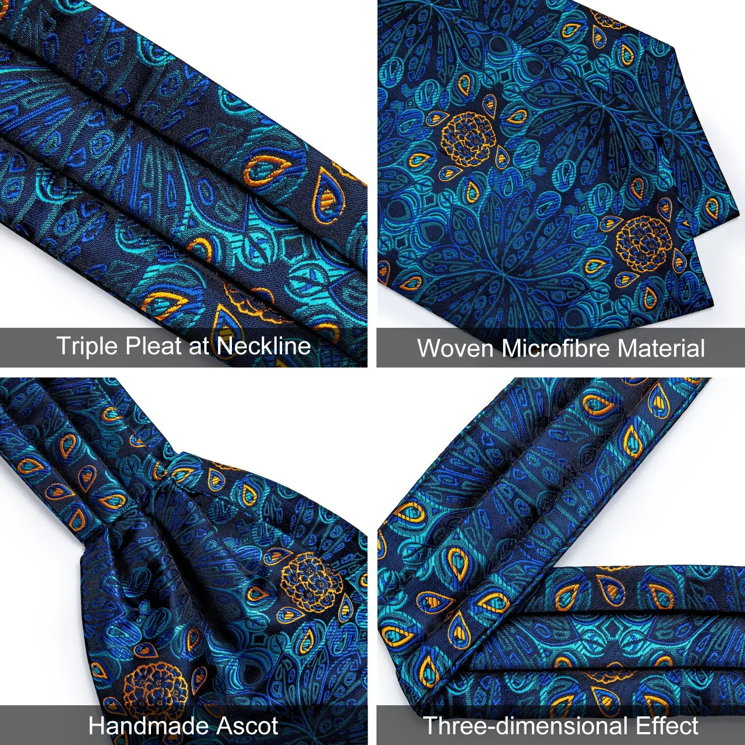 Ties2you Blue Floral Tie Silk Cravat Woven Ascot Tie Pocket Square Handkerchief Set Novel Design sold by Ties2You product image thumbnail 5