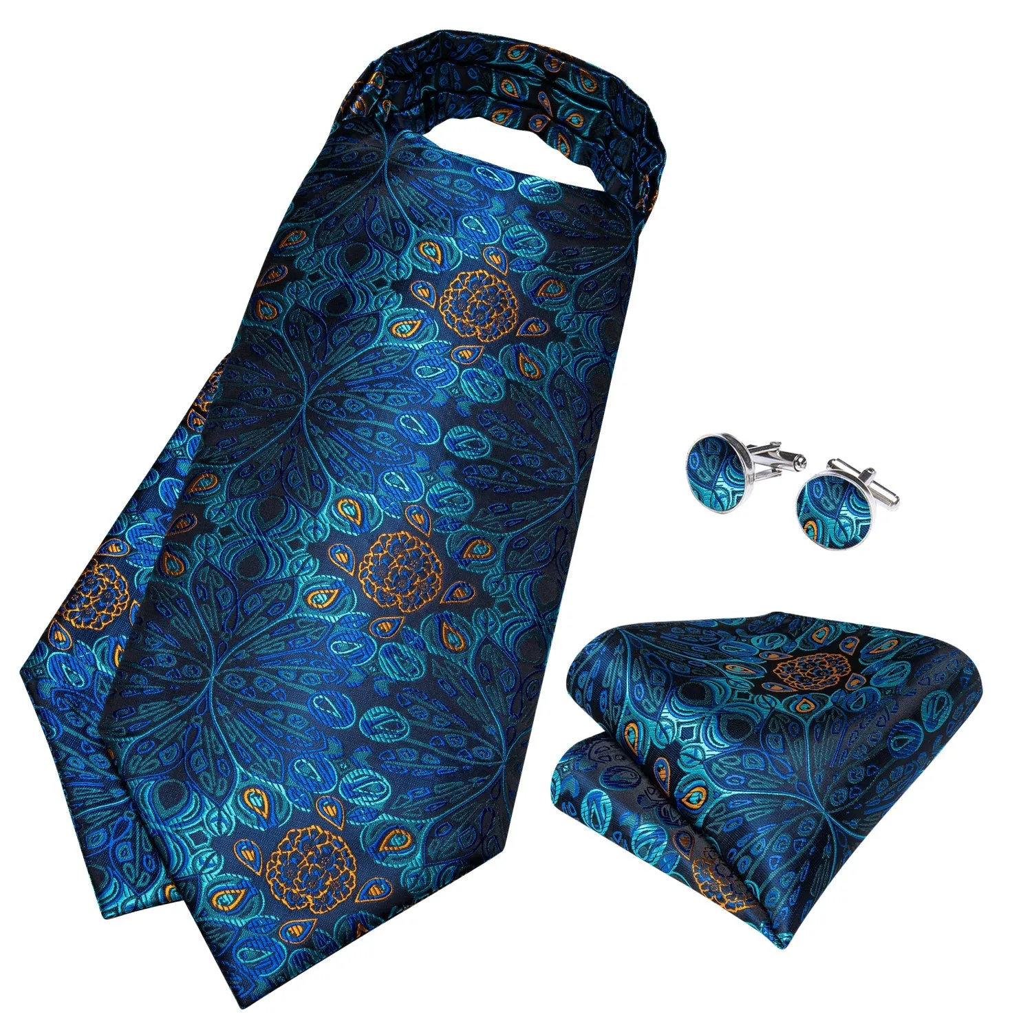 Ties2you Blue Floral Tie Silk Cravat Woven Ascot Tie Pocket Square Handkerchief Set Novel Design sold by Ties2You product image thumbnail 2