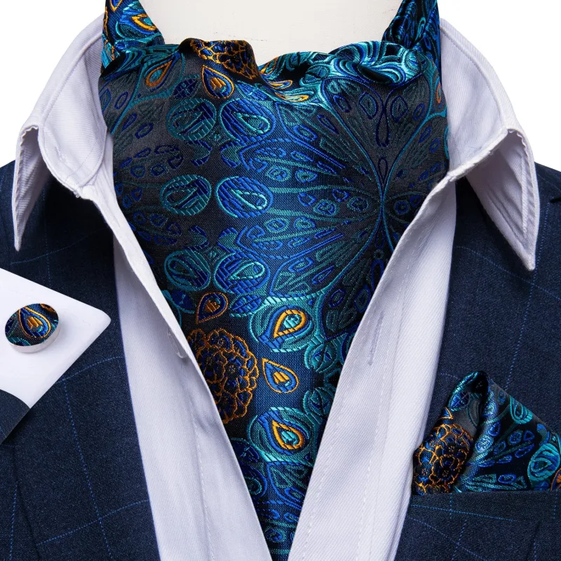 Ties2you Blue Floral Tie Silk Cravat Woven Ascot Tie Pocket Square Handkerchief Set Novel Design sold by Ties2You