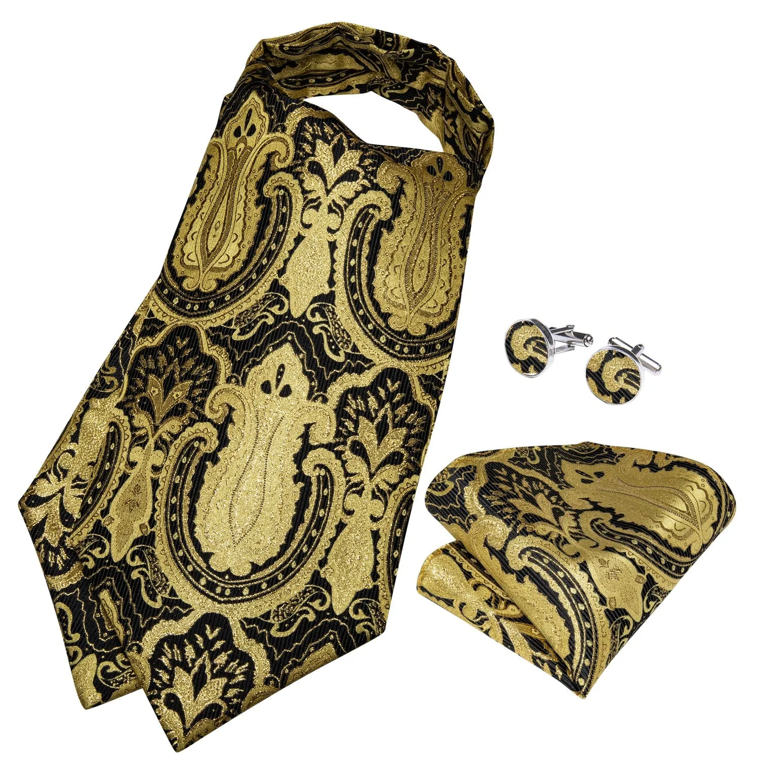 Golden Black Floral Silk Cravat Woven Ascot Tie Pocket Square Handkerchief Set sold by Ties2You product image thumbnail 3