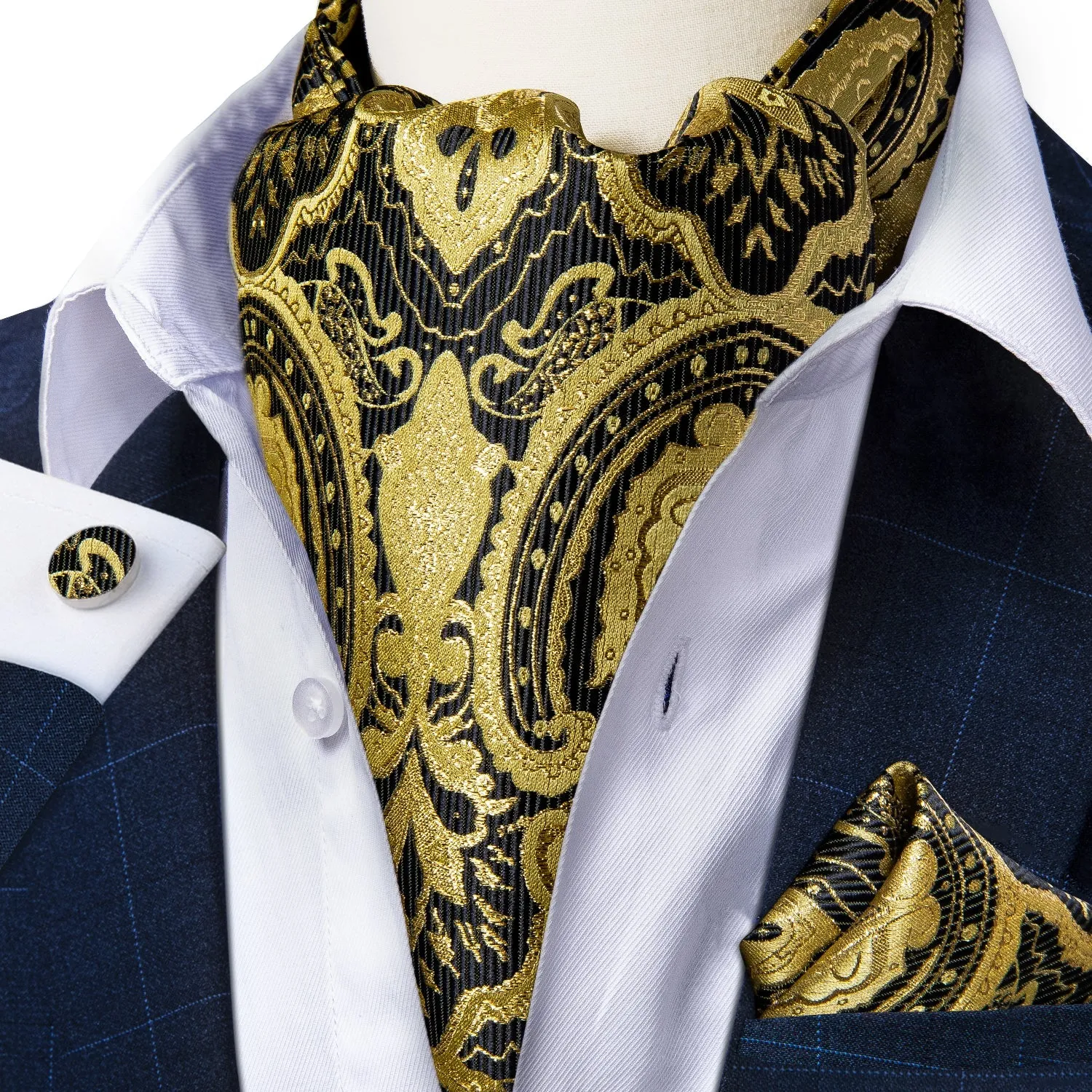 Golden Black Floral Silk Cravat Woven Ascot Tie Pocket Square Handkerchief Set sold by Ties2You product image thumbnail 2