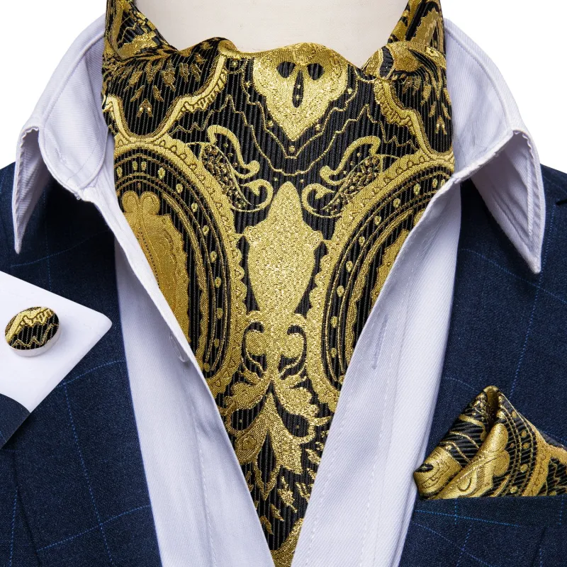 Golden Black Floral Silk Cravat Woven Ascot Tie Pocket Square Handkerchief Set sold by Ties2You