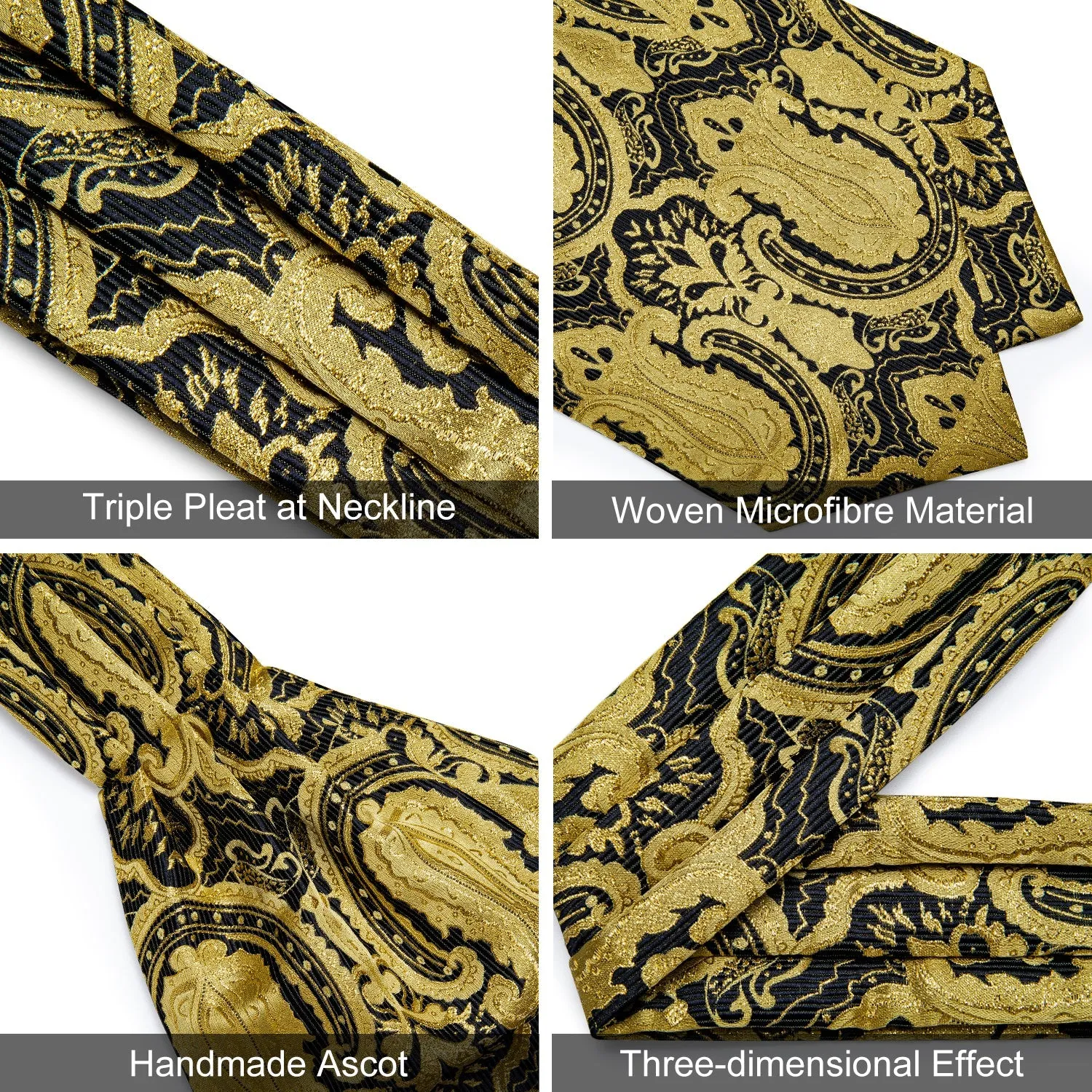 Golden Black Floral Silk Cravat Woven Ascot Tie Pocket Square Handkerchief Set sold by Ties2You product image thumbnail 5