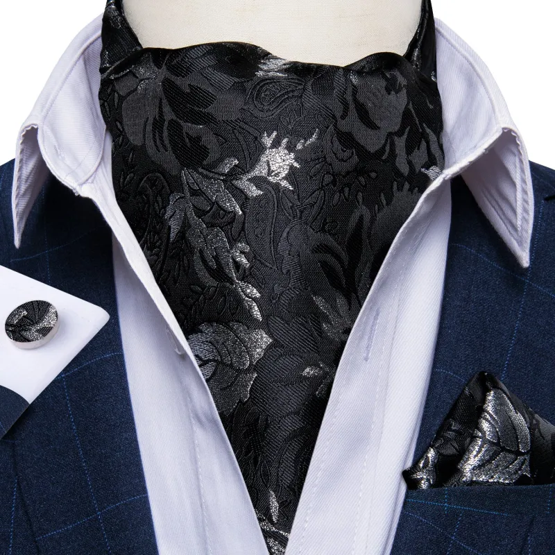 Black Floral Silk Cravat Woven Ascot Tie Pocket Square Handkerchief Set sold by Ties2You